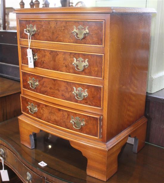 Small reproduction walnut bow-fronted small chest of drawers